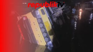 Truk Bermuatan Batu Terperosok dan Terbalik di Area Persawahan Terendam Banjir