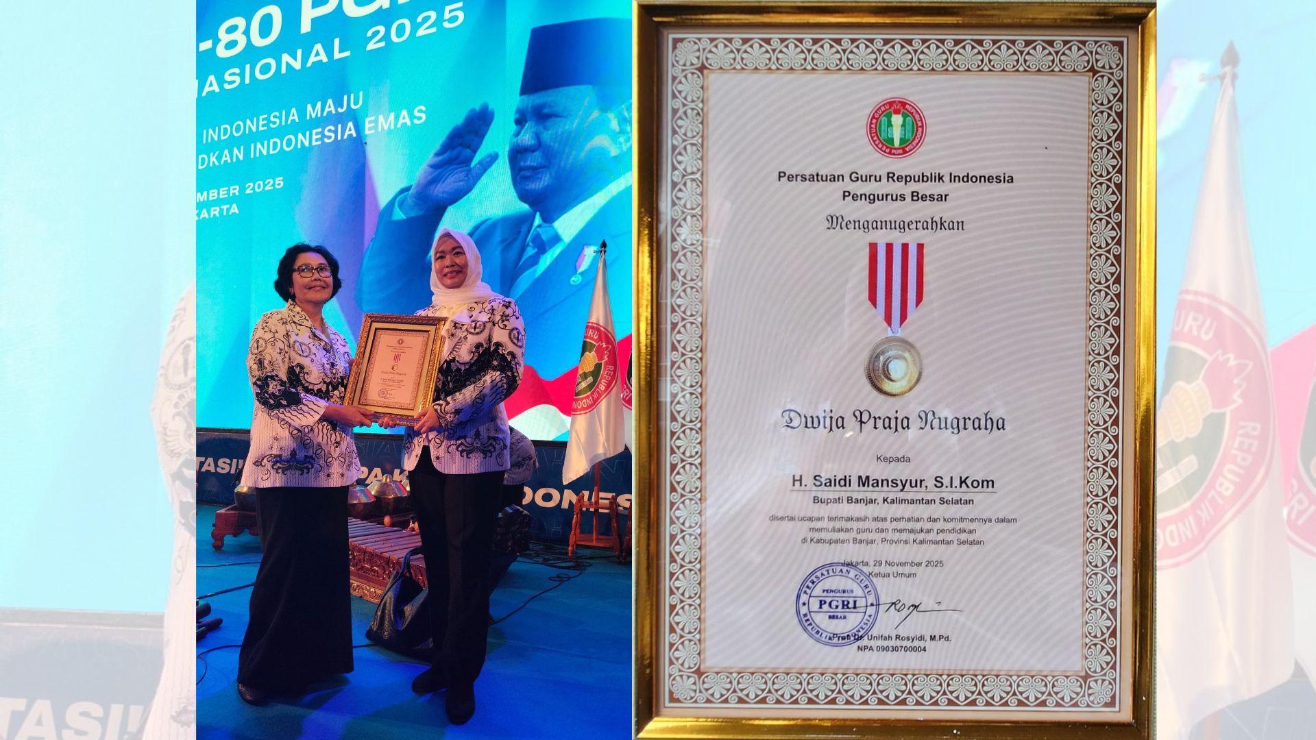 Bupati Banjar Raih Penghargaan Dwija Praja Nugraha pada Puncak HUT ke-80 PGRI